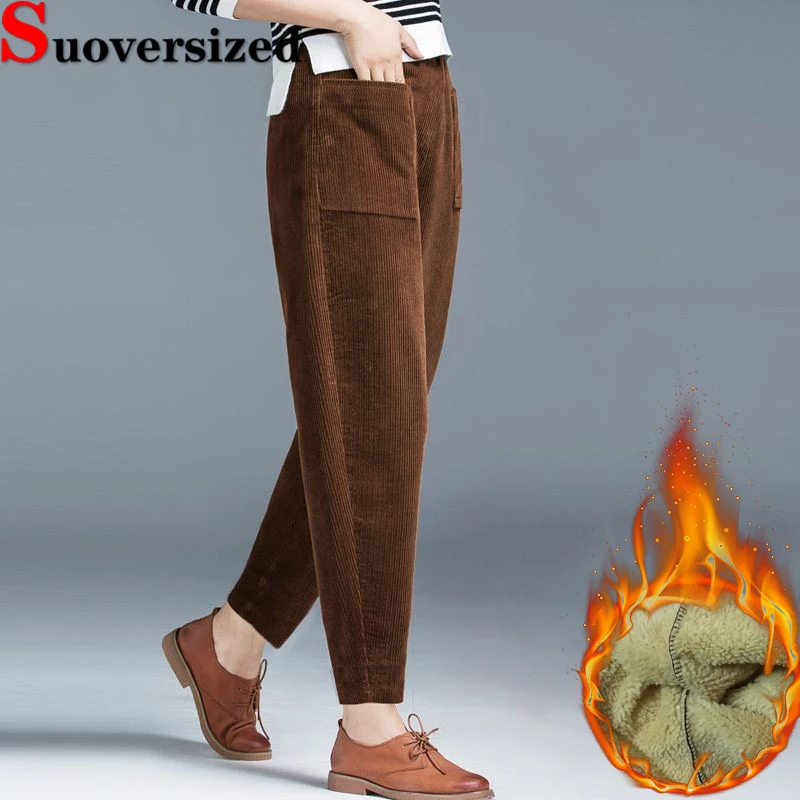 

Fleece Lined Baggy Harem Pants Elastic High Waist Winter Pantalones Casual Warm Ankle-length Spodnie Thicken Lambswool Trousers