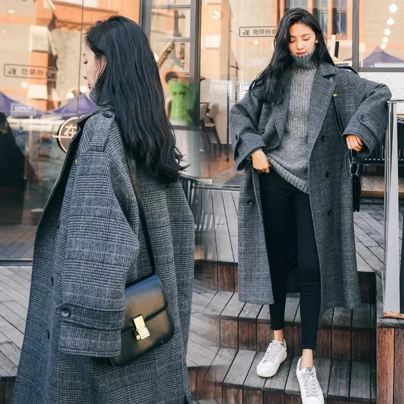 

Woamn Plaid Wool Warm Overcoat Turn-down Collar Loose Long Jackets Autumn Winter Korean Fashion Femlae Outerwear Trench Coat