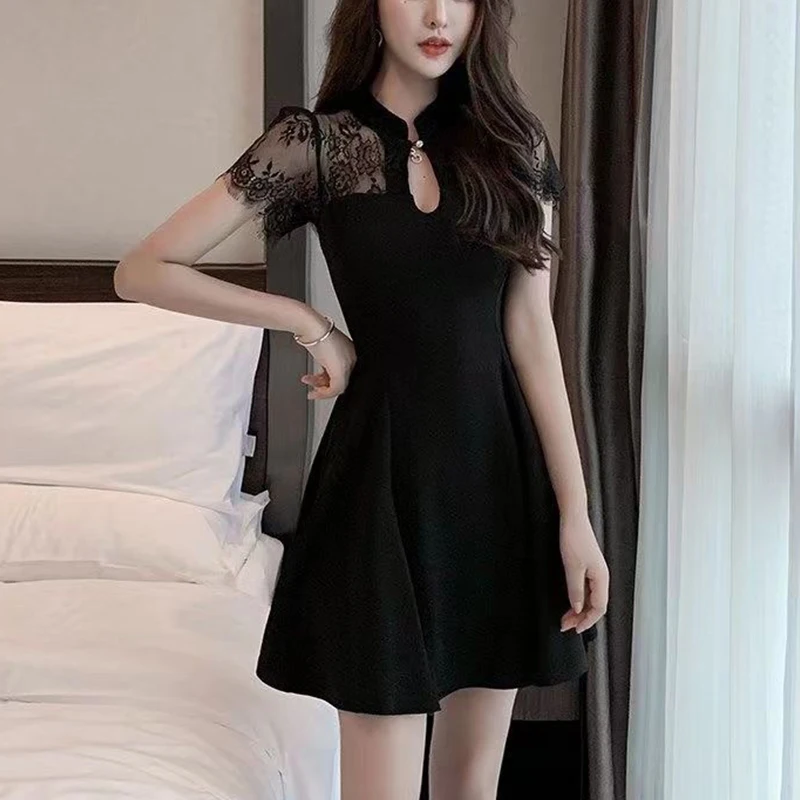 여성용 스탠드 칼라 레이스 패치워크 슬림 드레스, 우아한 하이 웨이스트 블랙 로브, 여성 섹시 드레스, 여름 패션