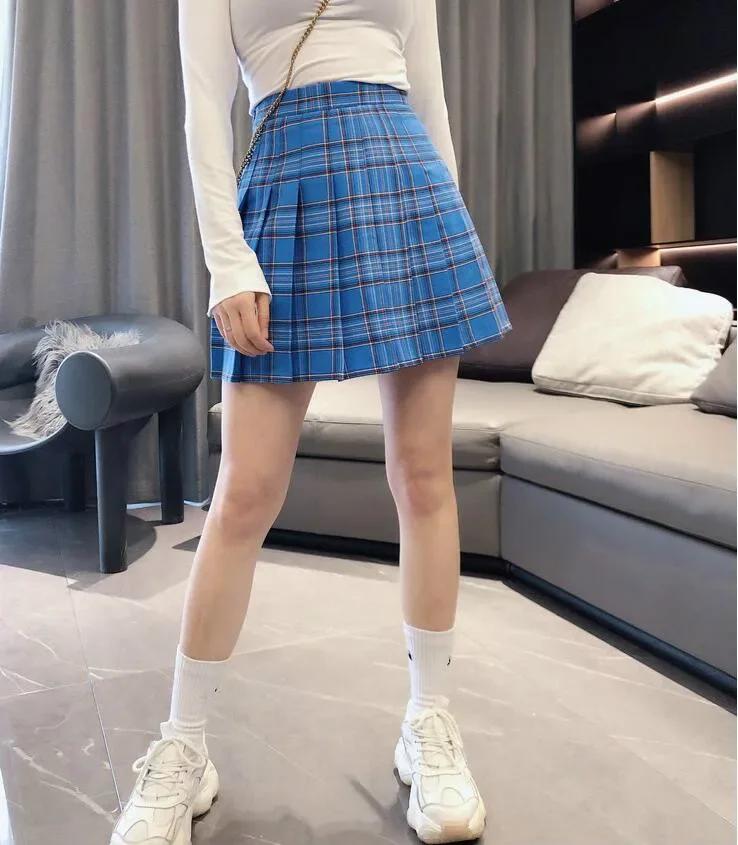 New Women Fashion Street Style Big Size High-Waisted Yellow Blue Chequered A-shaped pleated Charming Fashion Short Skirt XS-5XL high street navy blue men suits groom wedding suit groomsmen tuxedos peaked lapel costumes homme 3piece jacket pants vest ternos