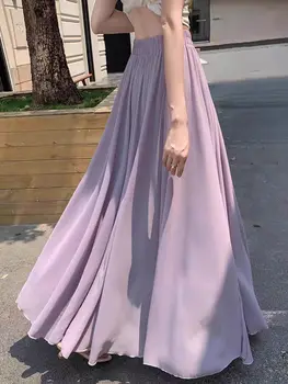 2025 New Women's Chiffon A-Line Maxi Skirt: High Waist Flowy Hem with Elegant Drape & Wide Silhouette 1