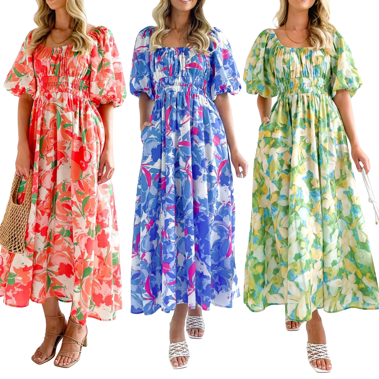 

Women's Summer Floral Print Dress Short Puff Sleeve Square Neck Ruched Bust A-Line Long Dress Smocked Dress with Pockets