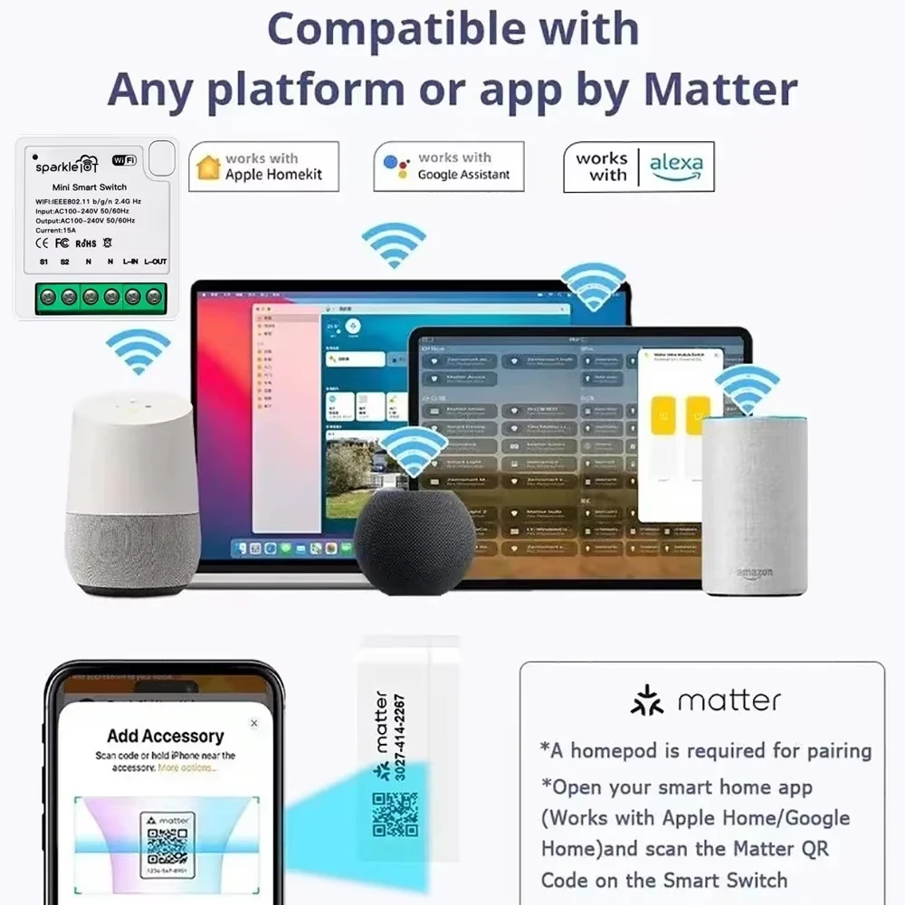Matter WIFI Smart Switch Relay Smart Breaker Voice Control Homekit Siri 1 CH Module Automation Alexa Google Home