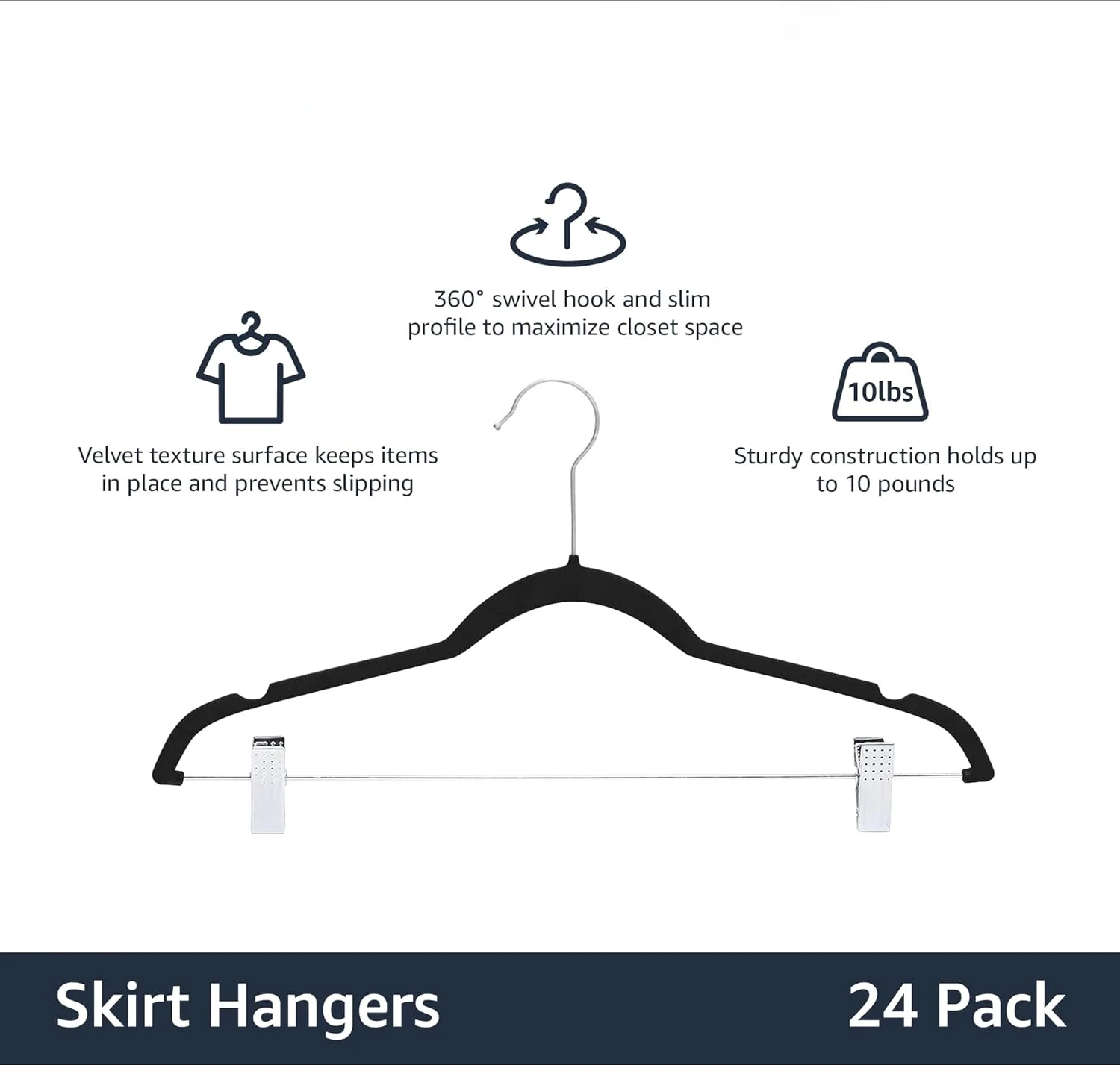 Velvet, Non-Slip Closet Skirt Clothes Hangers with Clips, Pack of 24, Black/Silver 2