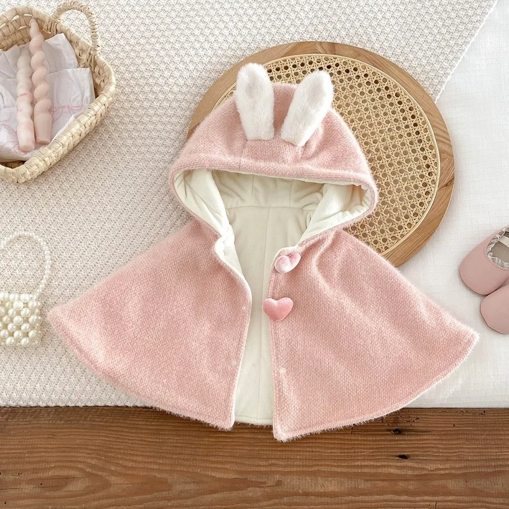 내구성이 뛰어난 따뜻한 후드 망토 양털 공주 소녀 겨울 케이프 0-1세 레이스 토끼 귀 숄
