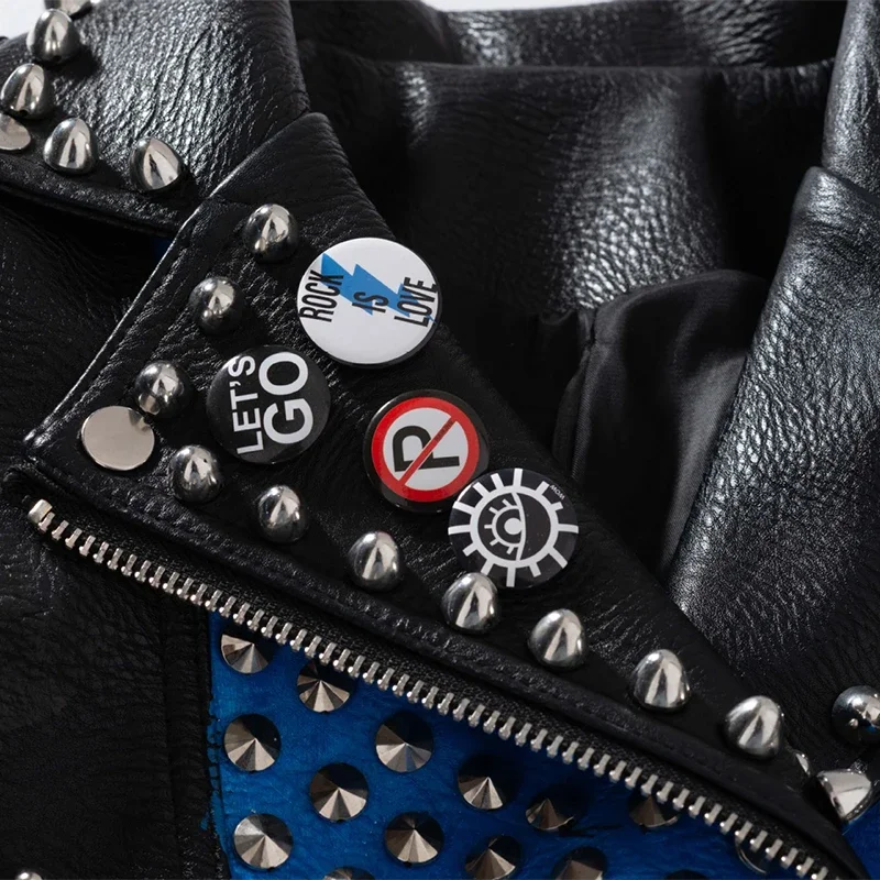 Slim Cropped Leather Jacket for Women 2024 Trend Punk Rivets Style Streetwear Graffiti Print Faux Leather Motorcycle Jackets