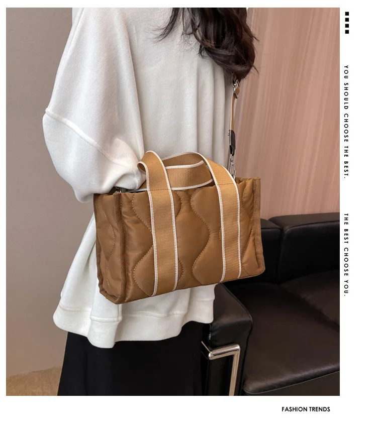 Borsa tote imbottita in cotone di nuova moda per borse trapuntate a tracolla con tracolla da donna Borse a tracolla femminili in nylon casual solido_voghion.com