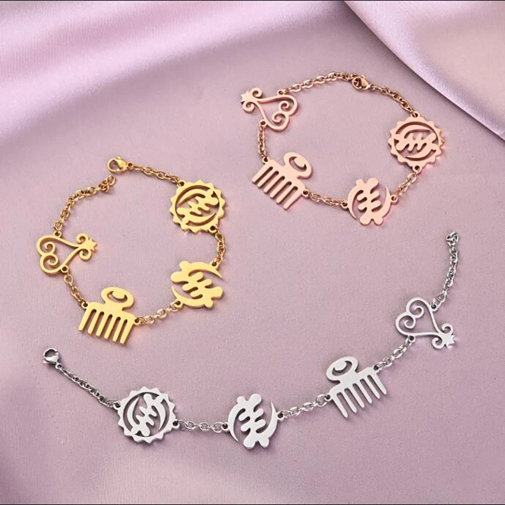 Custom African Symbol Bracelets Golden Stainless Steel Adinkra Gye Nyame Hand Chains Woman Man Charm Ethnic Jewelry Gifts