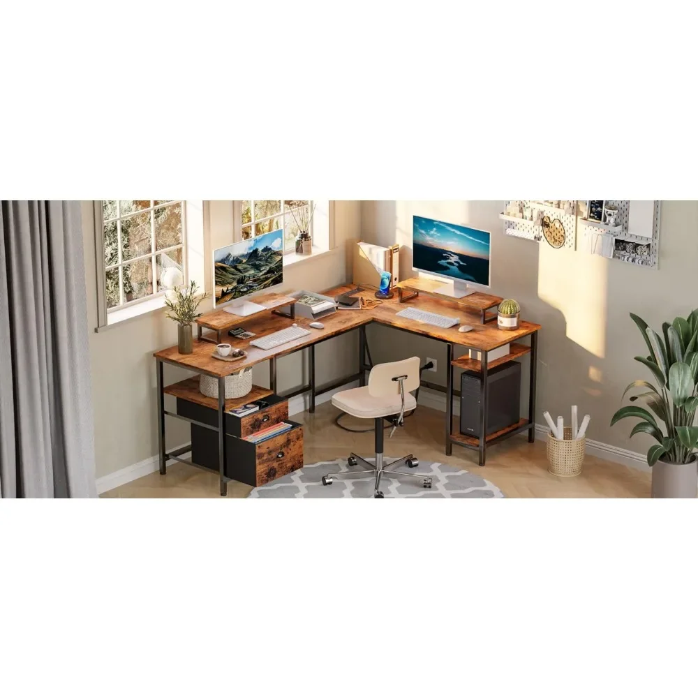 66” L Shaped Desk with Power Outlet, Office Desk with Storage Shelves,Reversible Computer Desk with File Drawer&2 Monitor Stands