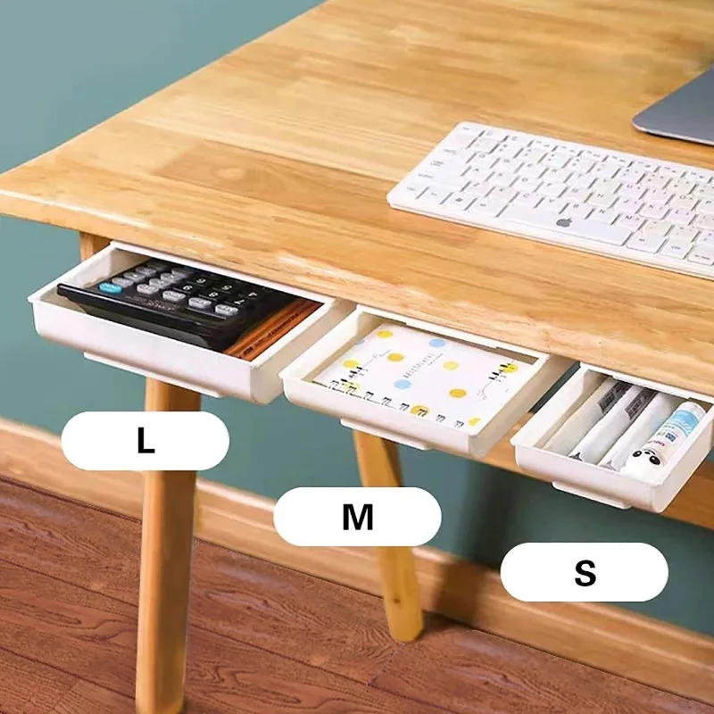 Self Stick Pencil Tray Under Desk Drawer Storage Box Hidden Stationery Organizer Stand for Pens Office Home Storage