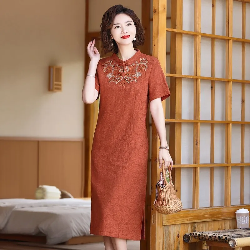 

Mother Dress Summer New Noble Fashion embroidery Dresses Middle-aged Woman Cotton and linen Solid color Qipao Dress Vestidos