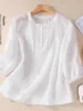 Artistic Embroidered Cotton Linen irt Ladies Mom Seven Sve Pure Color Linen Top Floral Lace Collar Loose Fit Summer UV P...