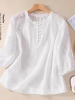 Artistic Embroidered Cotton Linen irt Ladies Mom Seven Sve Pure Color Linen Top Floral Lace Collar Loose Fit Summer UV P...