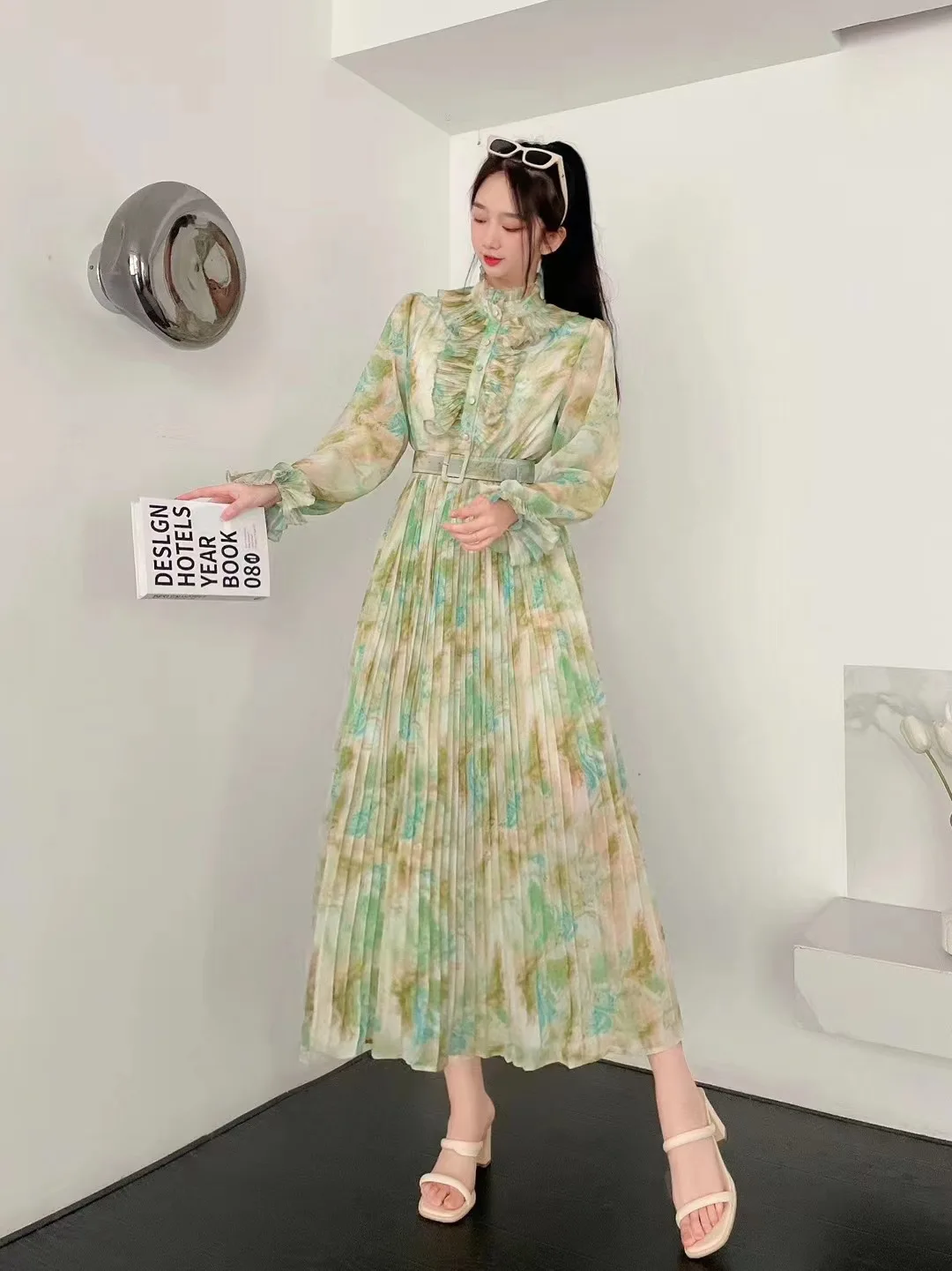 Muslim Turkey New Spring Women Long Sleeve Belt Slim Long Dress Sweet Ruffles Patchwork Pleated Big Hem Chiffon Floral Dress