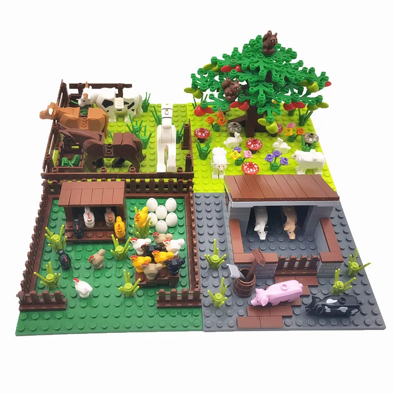 MOC Farm Animals Trees Plants Building Blocks for Kids Compatible Classic Bricks Juguetes Bloques Base Plate Toys for Children 6