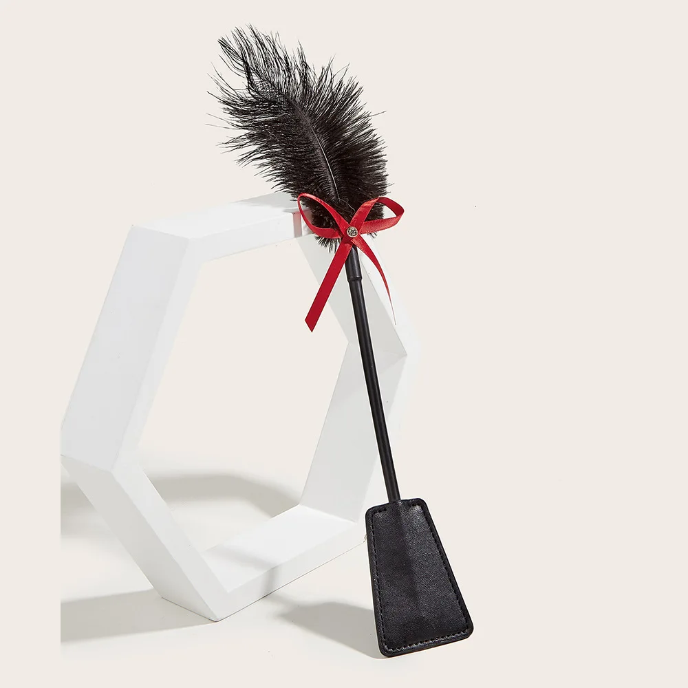36cm Genuine Ostrich Feather Horse Whip,PU Leather Paddle,Cosplay Performance Props 2