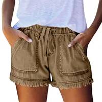 Ladies' Washed Solid Color Slimming Tassel Edge Denim Shorts Fashion Sexy Elastic Waist Leisure Pockets Summer Short Trousers - Image 3