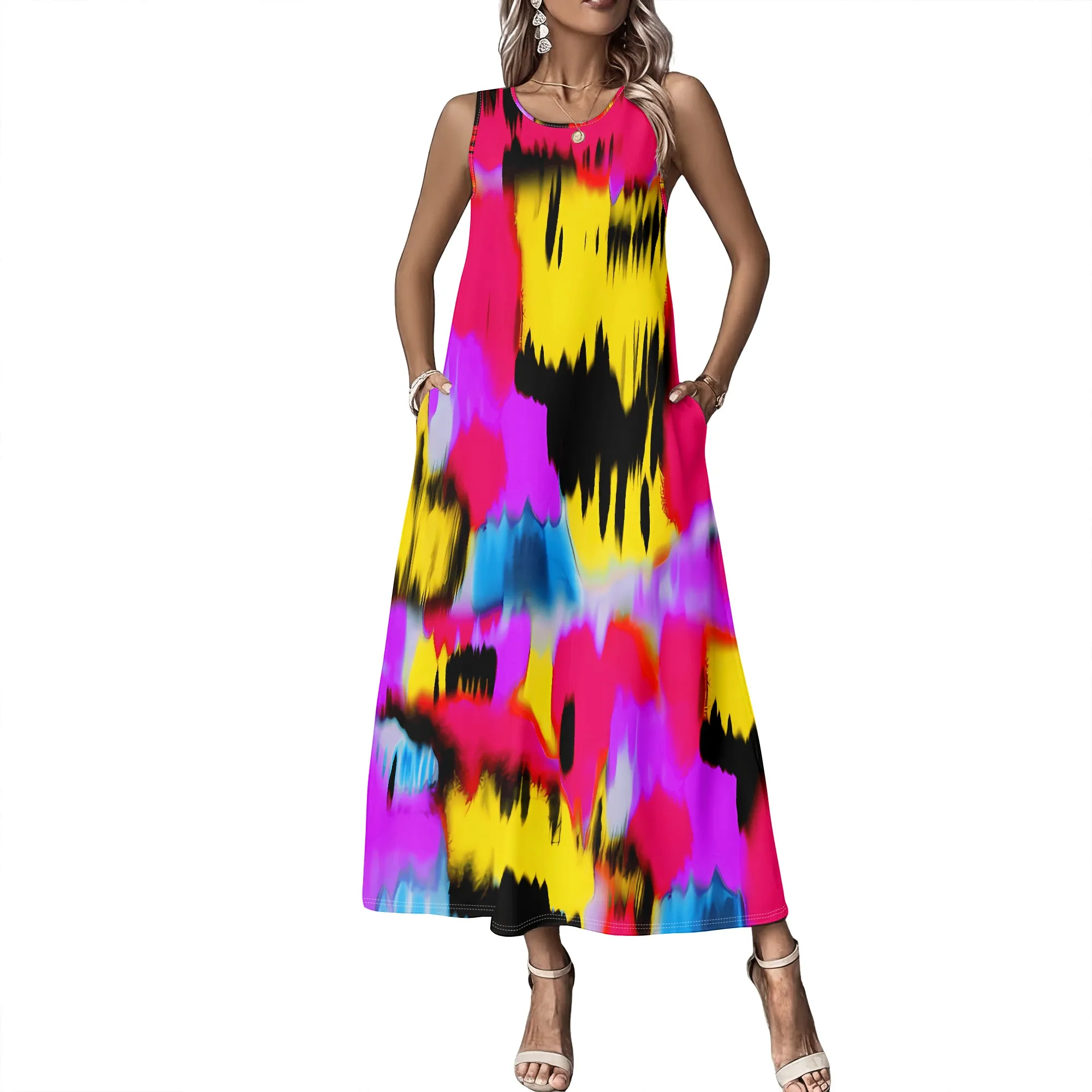 Ärmelloses Sommerkleid für Damen mit Rundhalsausschnitt, 3D-Modisch Bedrucktes Langes Swing-Kleid – Detail 8