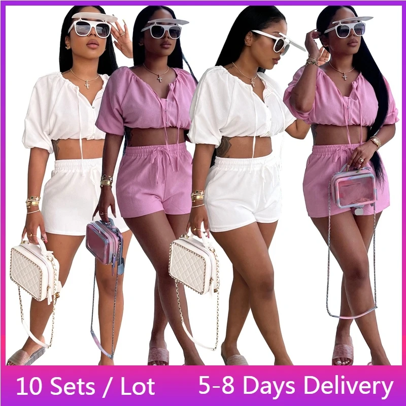 

Bulk Items Wholesale Lots Clothing Women Tracksuit Shorts Two Piece Set Suit Button Crop Top Shorts Sets Womens Outfits Sporty