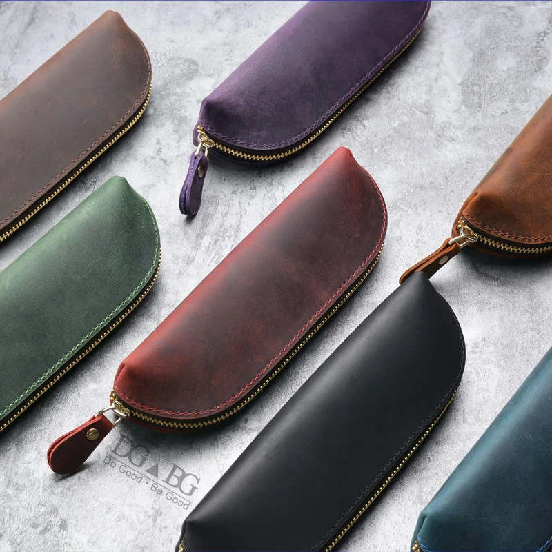 

Retro Leather Zipper Pen Case Pencil Pouch Holder Stationery Storage Bag Handmade Small Travel Office School Supplies Organizer