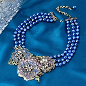 European and American retro high-end fashion vintage heavy industry full diamond flower pearl necklace