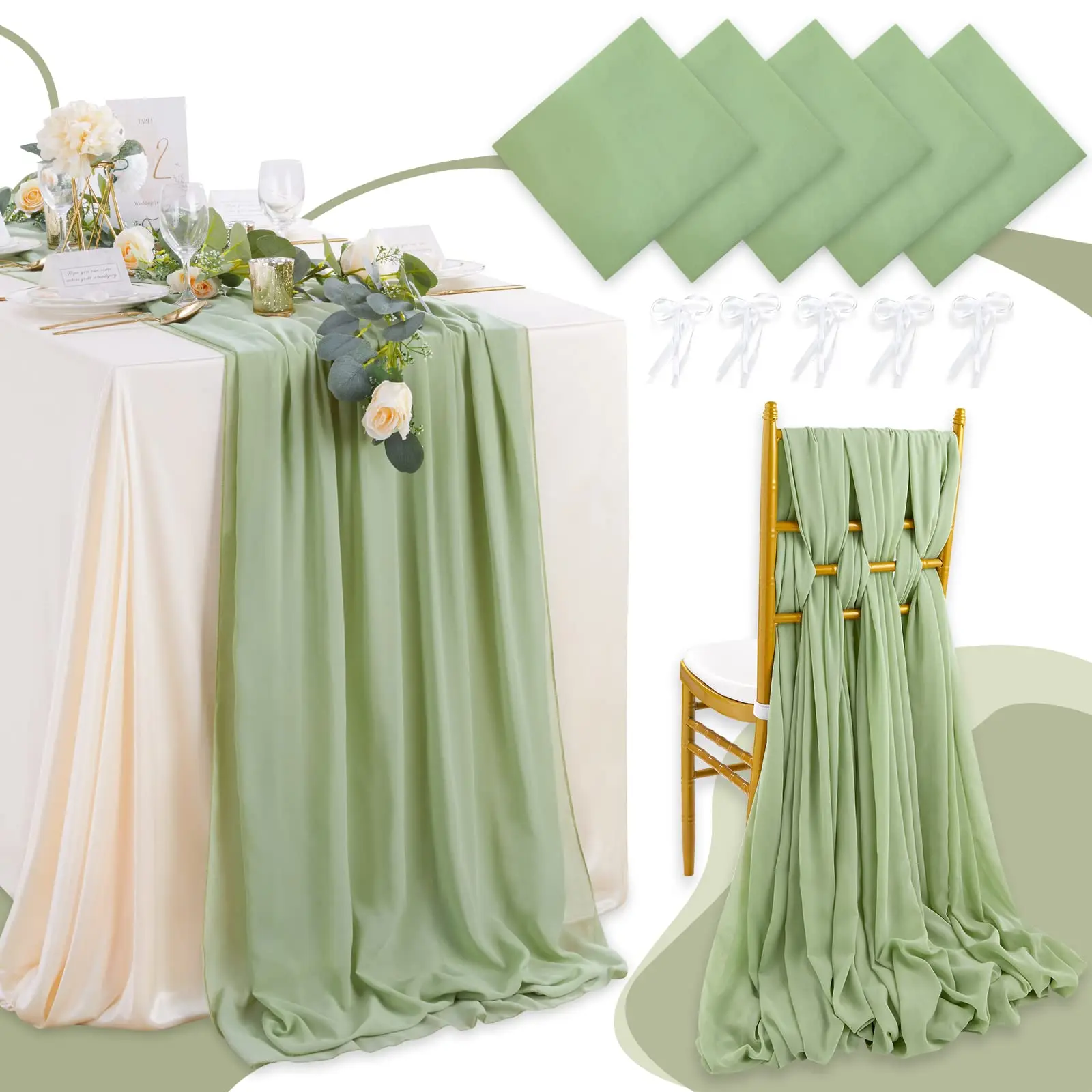 5pcs Chiffon Table Runner Gauze Vintage for Romantic Wedding Chair Sashes Arch Birthday Party Baby shower Valentine's Day Decor