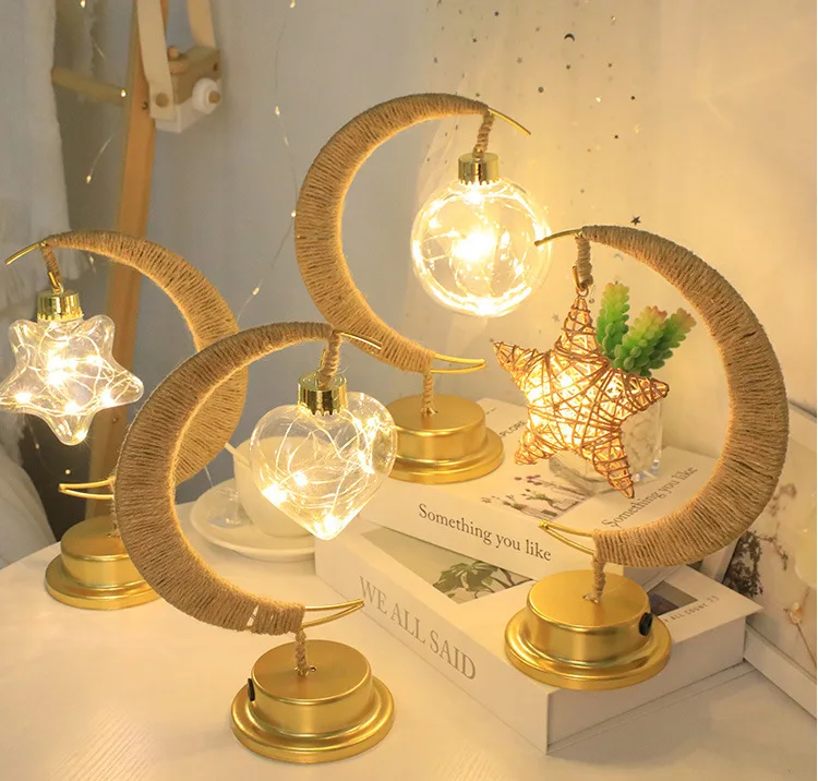LED plug-in hemp rope mini star light, moon atmosphere light, round ball glowing USB decorative desktop gift, small night light