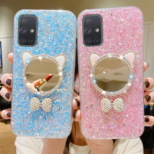 Make-up Mirror For Samsung A51 Case Phones Cat Ears Sequins Cover For Samsung A52 A50 A71 A72 A32 A31 A22 A12 A30 A11 A02S A03S