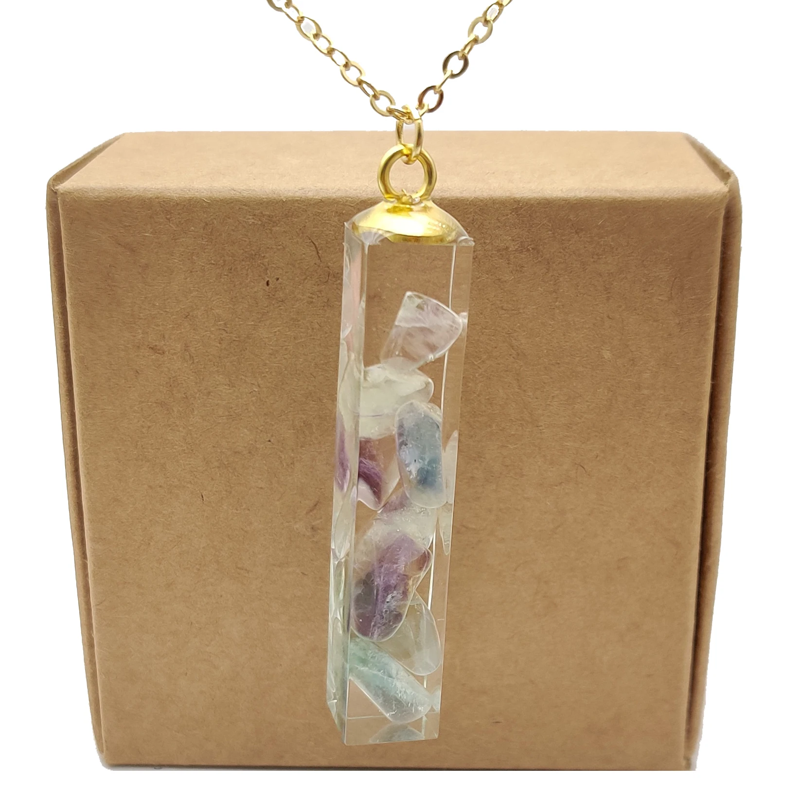 Fluorite Natural Stone Cube Resin Gold Color Pendant Chain Long Necklace Women Boho Fashion Jewelry Bohemian Vintage Handmade