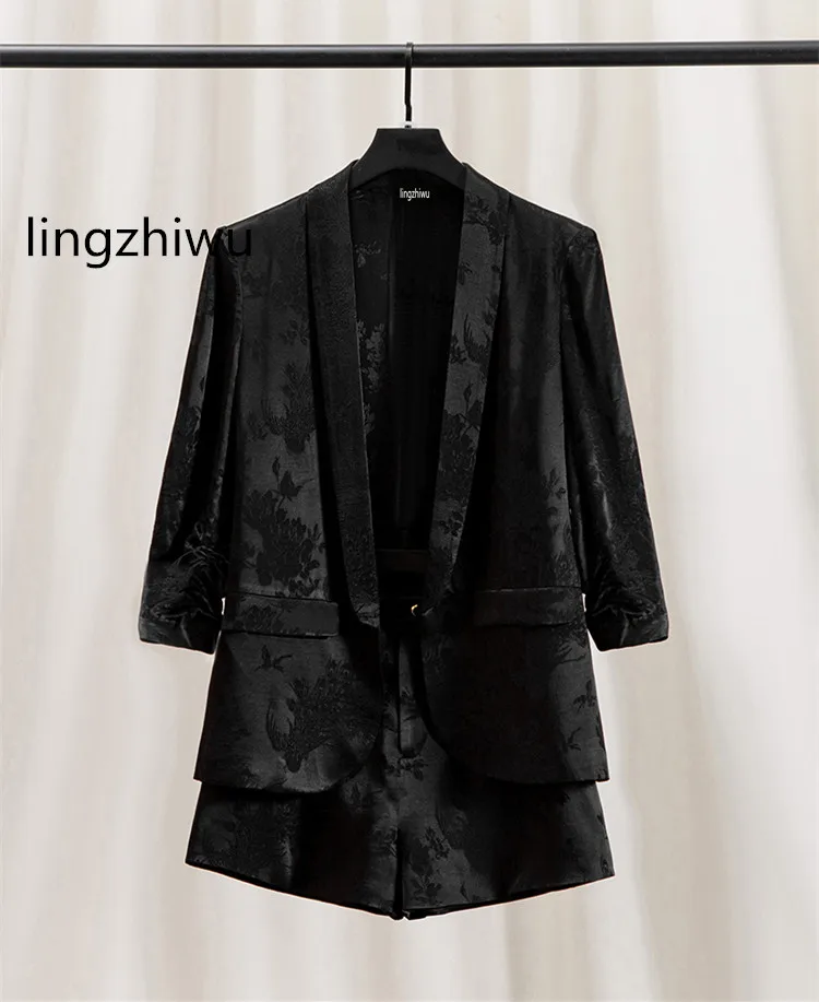 

lingzhiwu Satin Shorts Set Blazer Shorts Suit Chinese Style 2024 Summer Thin Top Quality Acetate Female New Arrive