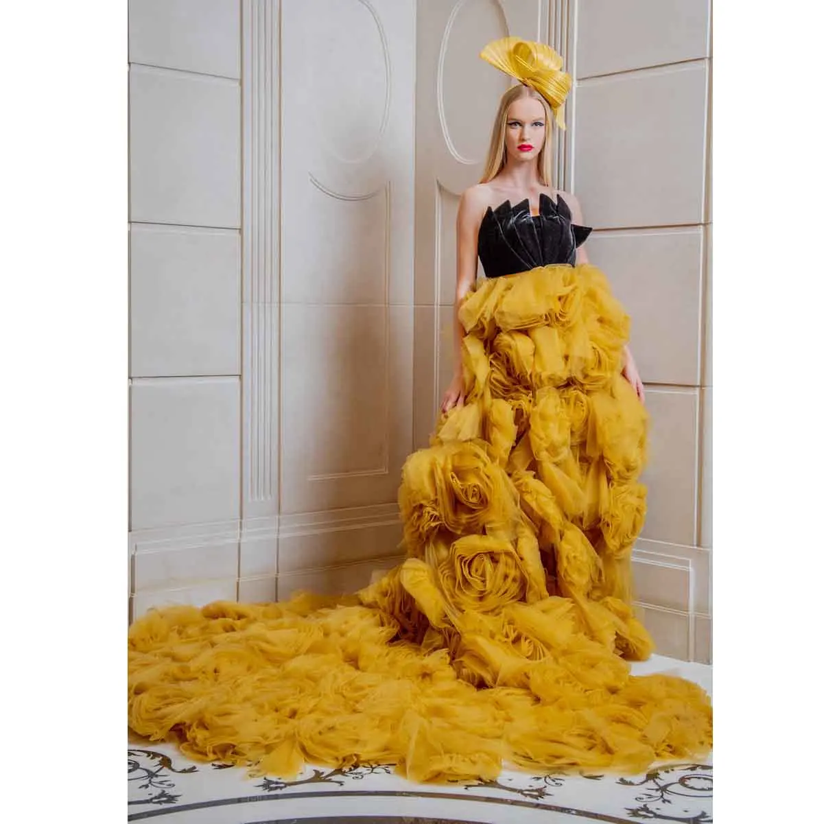 

3D Flower Tulle Prom Gowns With Train Strapless A-line Floral Tutu Tulle Bridal Drsses Formal Party Dress