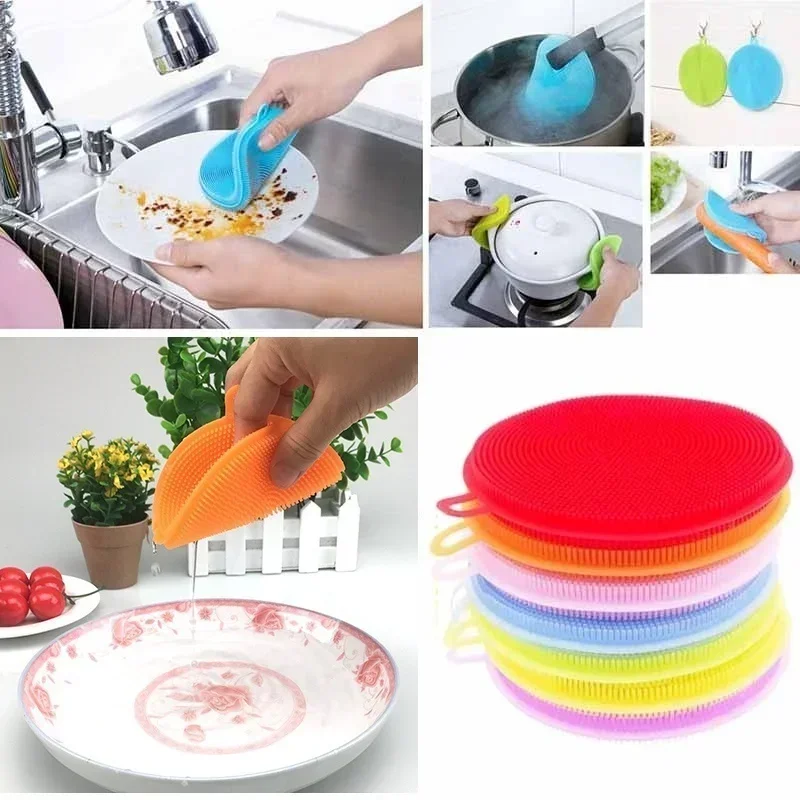 Kitchen Portable Dish Washing Scrubber Silicone Bowl Cleaning Brush Cloth Scouring Pad Pot Kitchen Cleaning Dish Sponge Tools