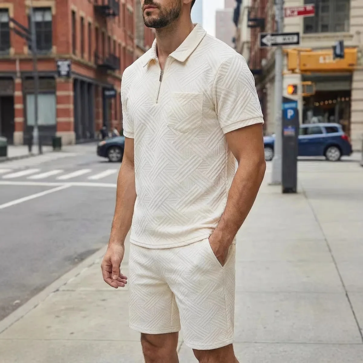 남성 캐주얼 스포츠웨어 반팔 지퍼 반바지 세트 2026 여름 컬렉션 편안하고 가..