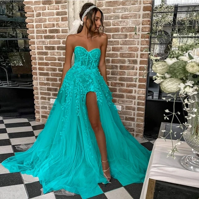 Elegant A-Line Side Slit Sleeveless Wedding Dresses Tulle Appliques Floor Length Strapless Zipper Ball Bridal Gowns 2022 New Photo Color