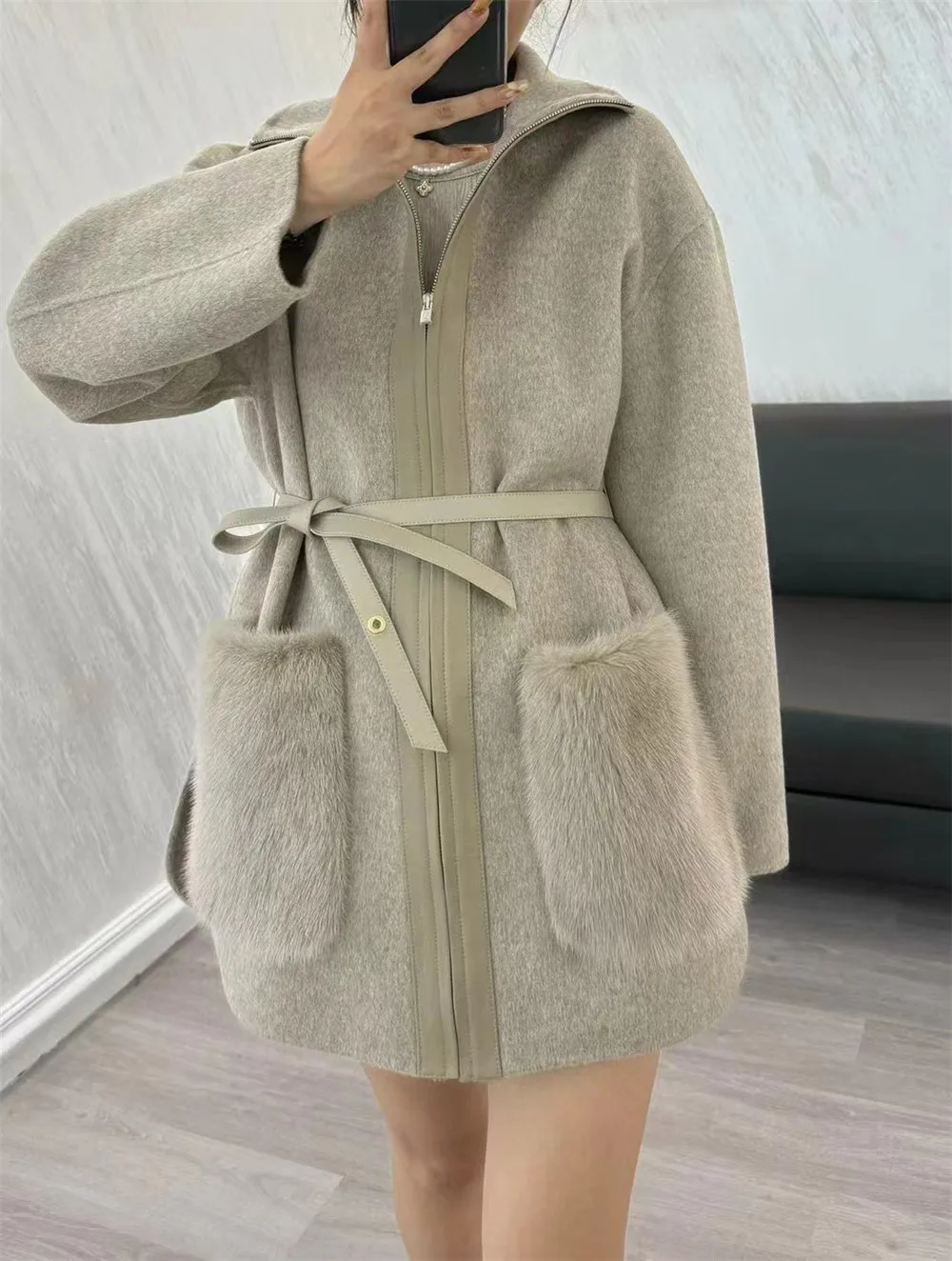 Double Faced Belted Wool Cashmere Coat With Fur Hoodie In Blue