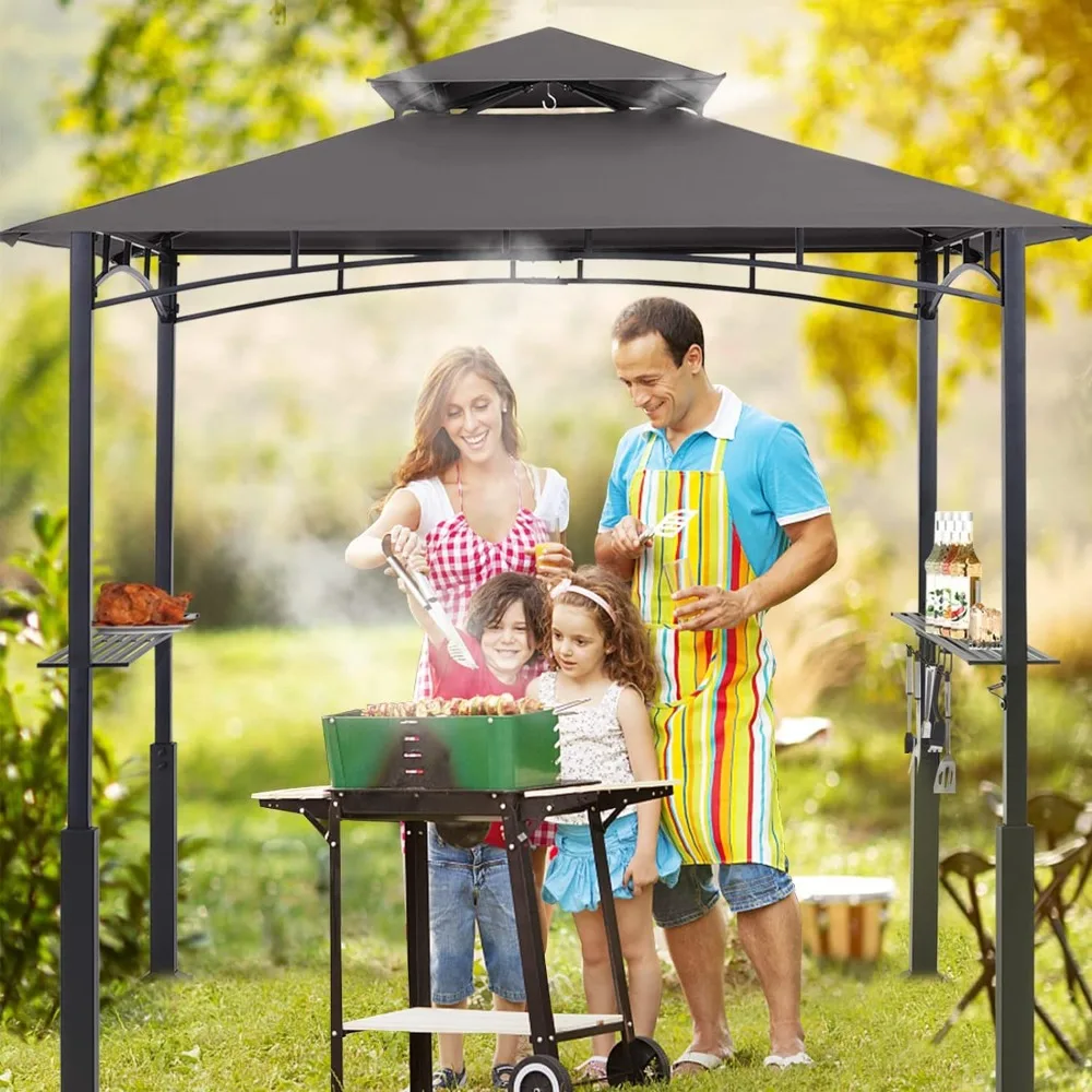 

8'x 5' Grill Gazebo Canopy - Outdoor BBQ Gazebo Shelter with LED Light, Patio Canopy Tent for Barbecue and Picnic