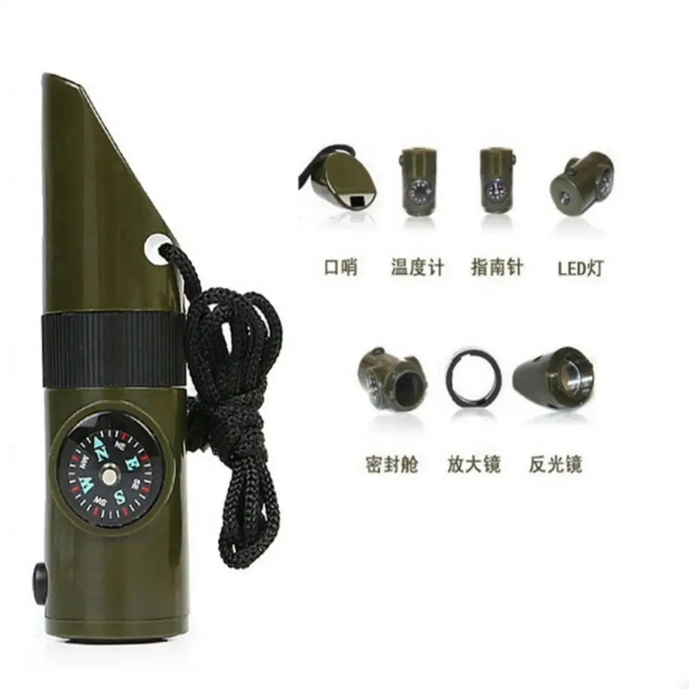 Survival Whistle 7 In 1 ABS High-strength Compass Thermometer Signal Mirror Magnifying Glass Flashlight survival whistle
