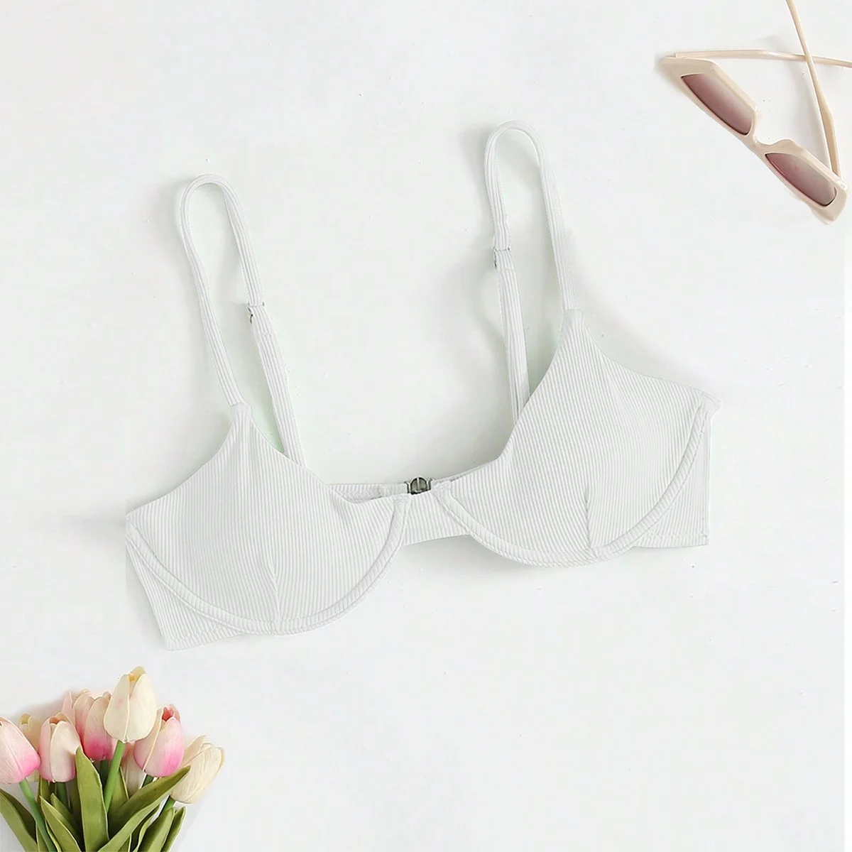 Women's White Ribbed Bikini Top, Underwire Support with Front Clasp Adjustable Strap Swimwear Top 4