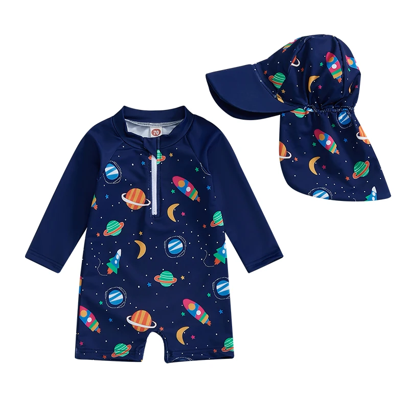 Toddler Boy Rash Guard Swimsuit with Hat 2 Pcs Set Planet Dinosaur Pattern Zip Up Long Sleeve Crew Neck Baby Boy Swimwears