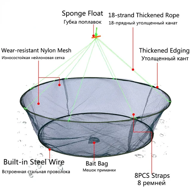 80CM Loose Mouth Folding Drop Fishing Net Shrimp Catcher Tank Casting Network Fish Eels Trap Cage Prawn Bait Crab Netting 3