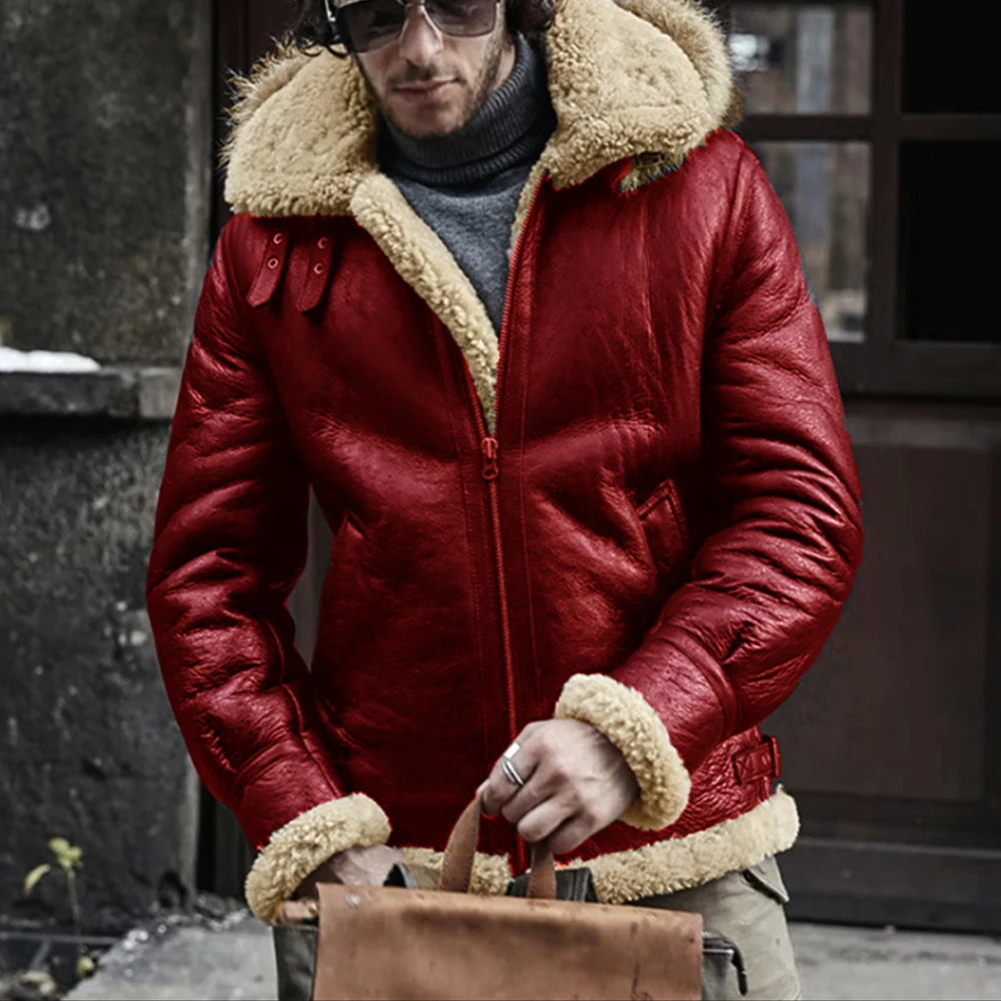 Winter Warm Men's Hooded Jackets Long Sleeve Coats Fashion Casual Cold-Resistant Faux Leather Lambswool Coat Overcoats