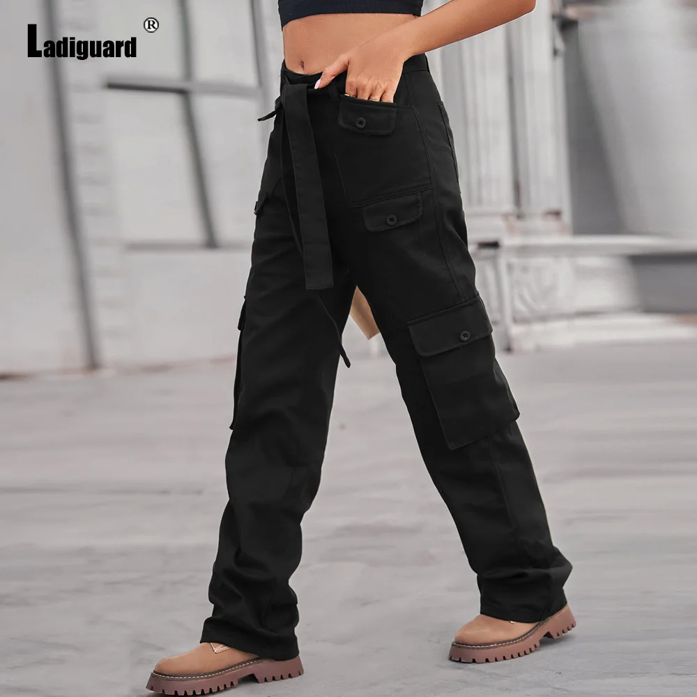2023 European Fashion Cargo Jeans Women Straight Leg Denim Pants Boyfriend Stand Pocket Trousers Waist Sashes Demin Pantalon