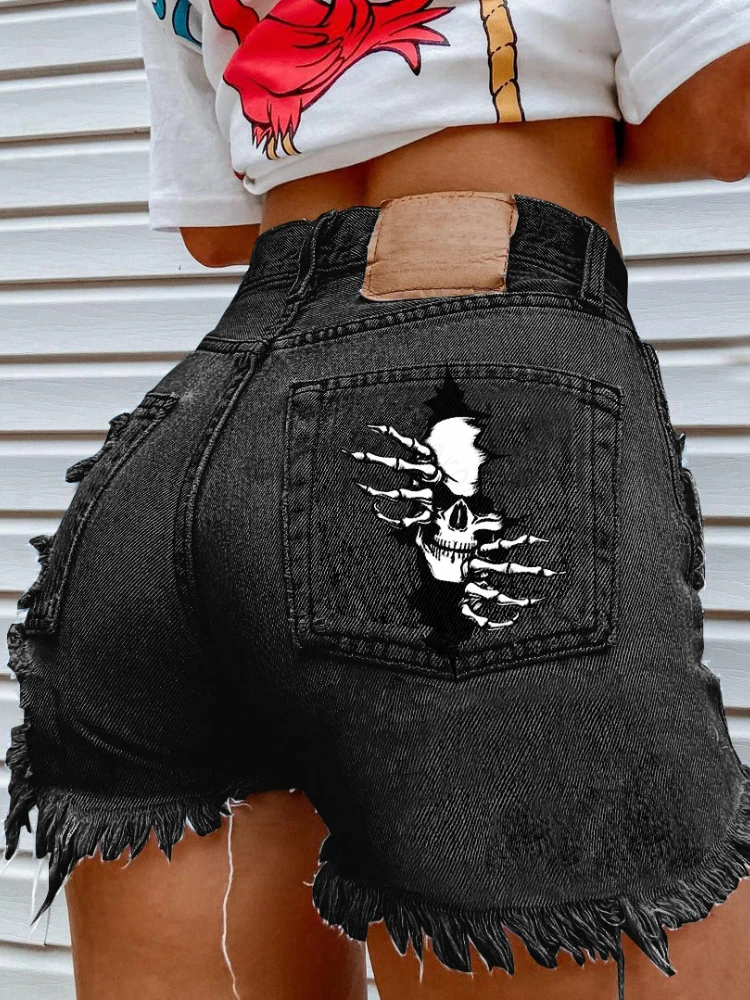 

WeiYao Skull Printed Short Jeans Low Rise Pipped Jean Shorts 2023 Summer Korean Fashion y2k Streetwear Denim Pants Female