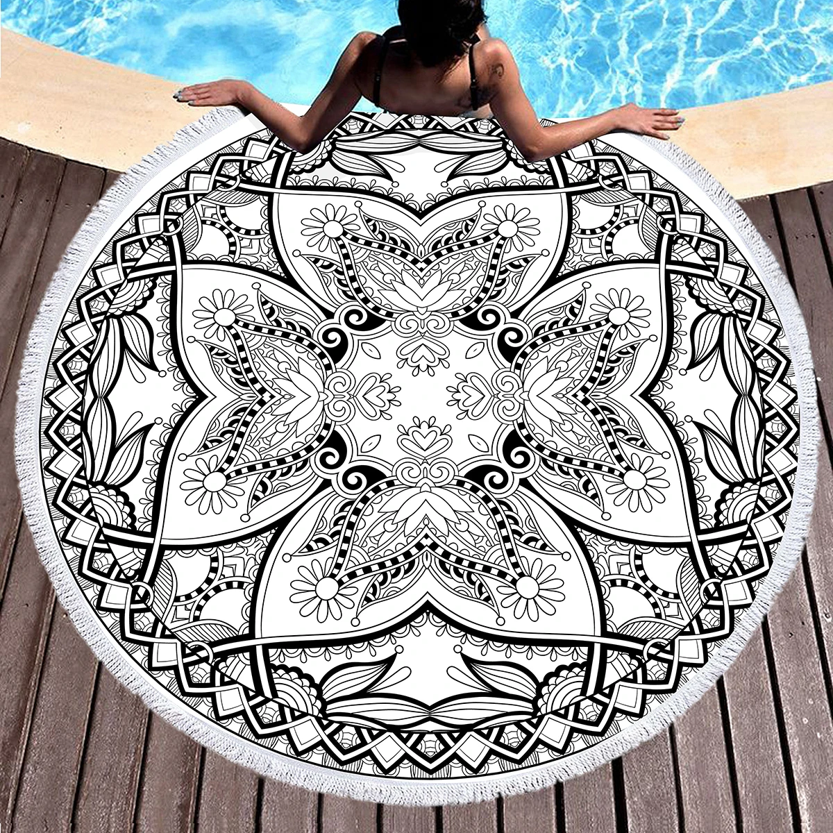 Mandala Round Beach Towel,Black and White Pattern Oversized Anti-Sand Quick-Drying Beach Blanket Bath Towel Yoga Mat Picnic Mat 3