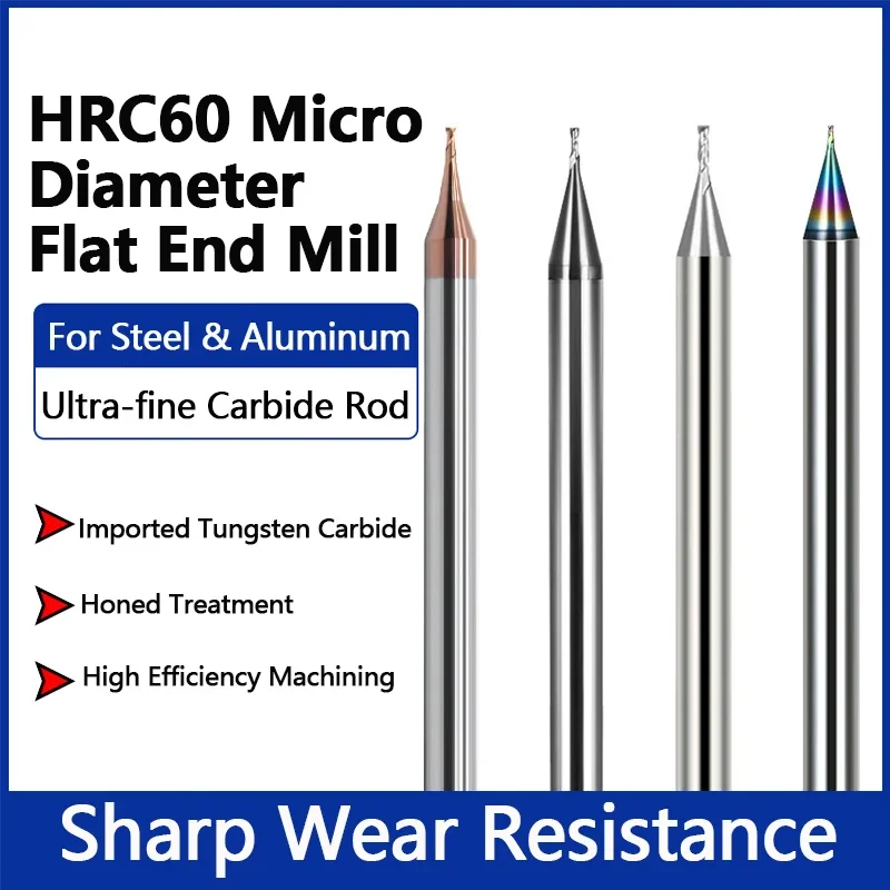 1 Stück HRC60 Hartmetall-Schaftfräser 2 Schneidkanten Mikro-Flachfräser 0,1-0,95mm CNC-Fräser für Stahl, Metall und Aluminium