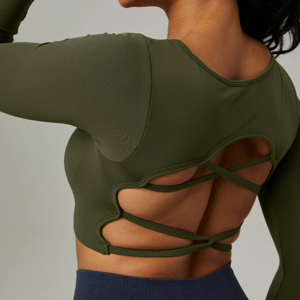 Sexy Back Cross Hollow Yoga Top Women's Backless Shirt Thumbhole Running Fitness Tee Quick Dry Breathable