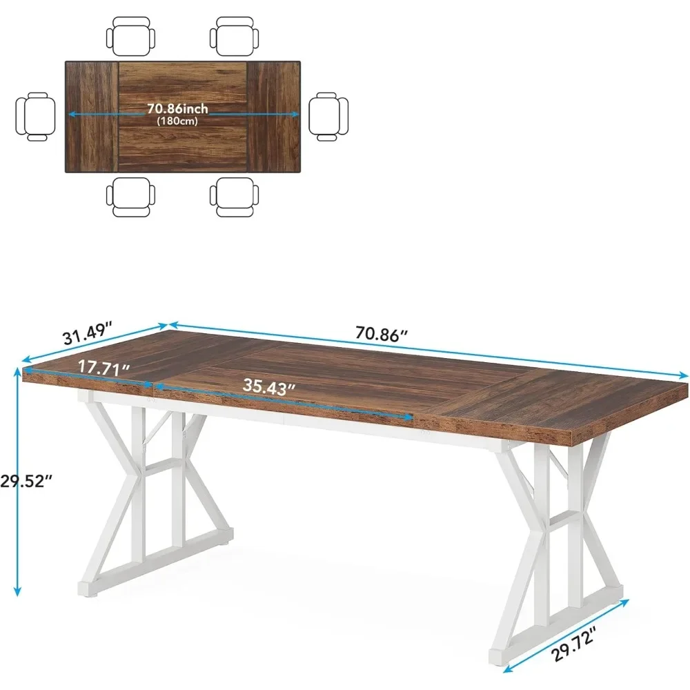 NEW-Farmhouse Dining Table for 6 People, 70.8-Inch Rectangular Wood Dining Table, Rustic Kitchen Table with Heavy Duty Metal Leg