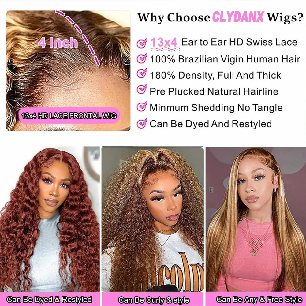 Highlight Ombre Lace Front Wigs Human Hair Pre Plucked 4/27 Deep Wave Human Hair Wigs for Women 13x4 HD Lace Front Wigs 30 Inch