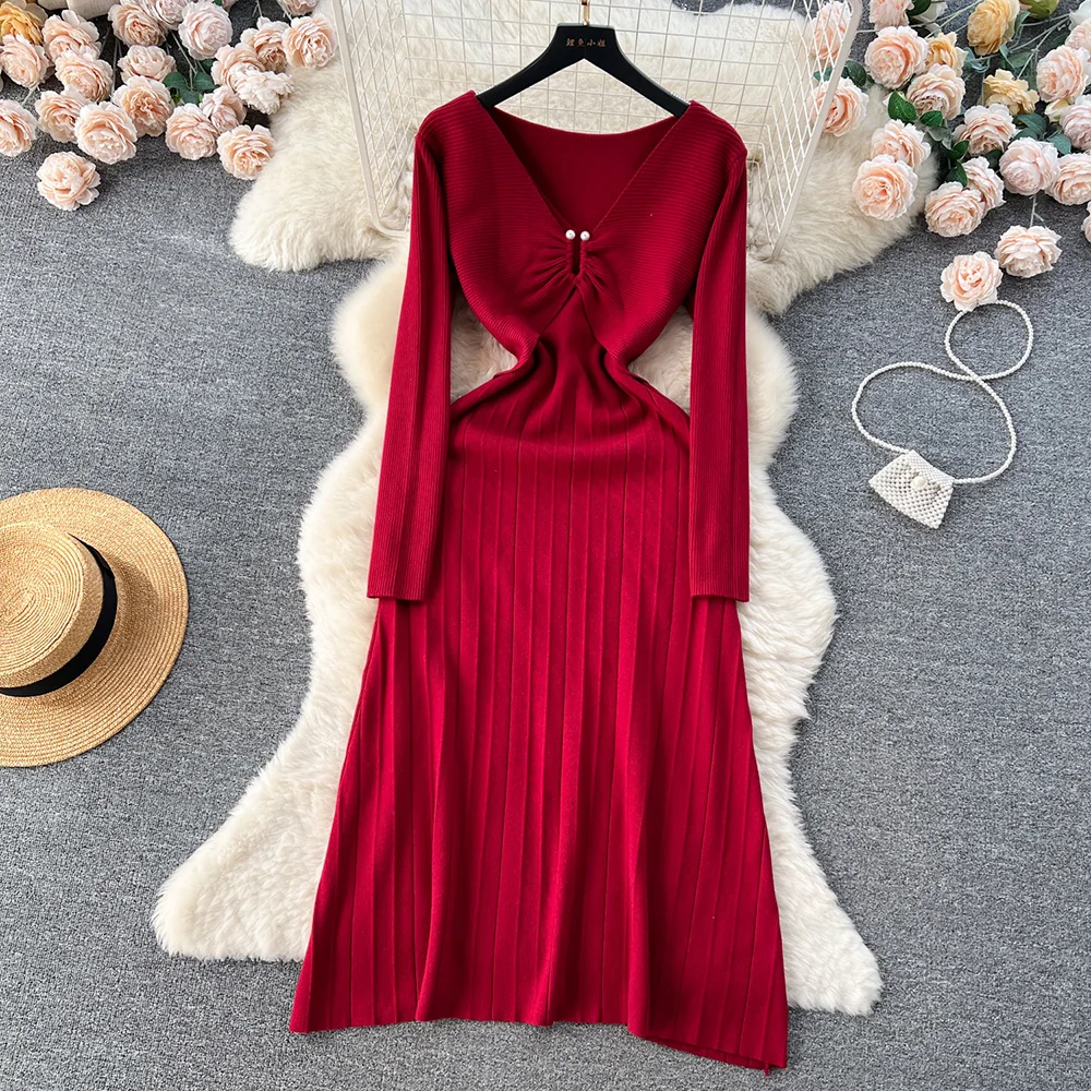 

Croysier Dresses Women 2023 V Neck Pearl Applique Casual Knitted Dress Autumn Winter Clothes Long Sleeve A Line Midi Dresses