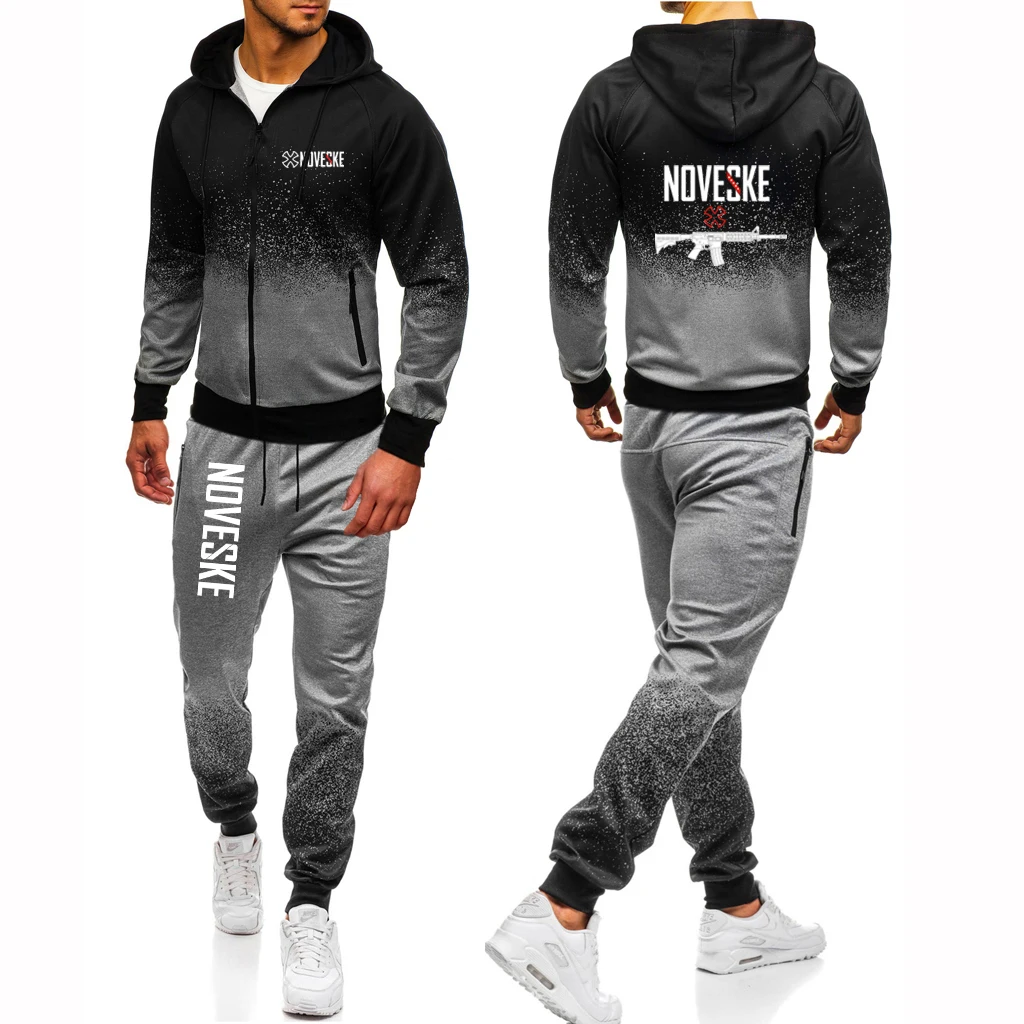 Mens Funny Print Hooded Hoodies and Outdoor Sports Pants Suits